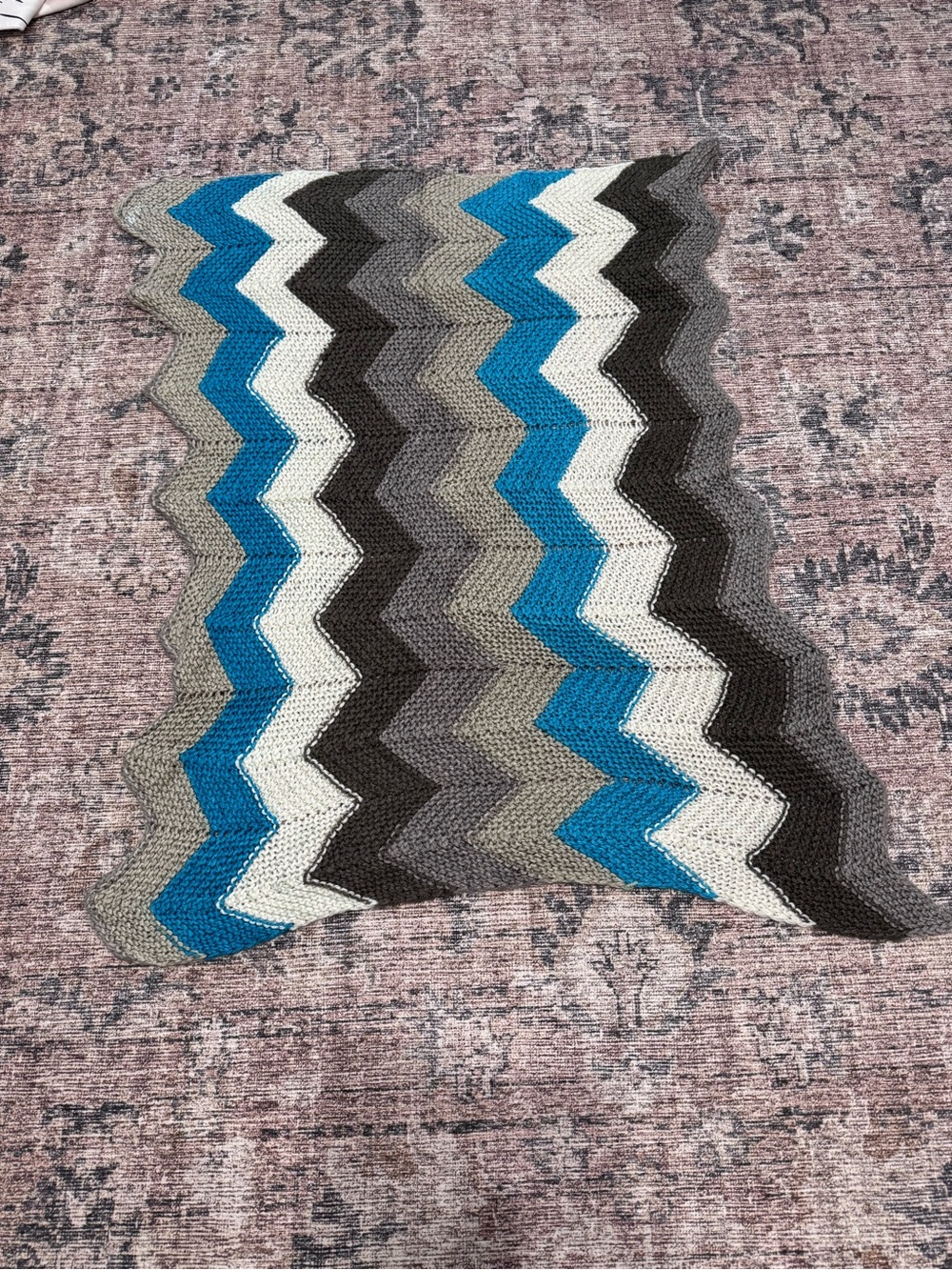Chevron Knit Throw Blanket in Blue, Gray, White, and Black